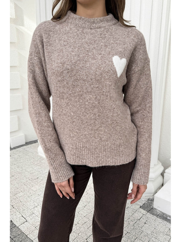 Dilvin Vizon Yumuşak Dokulu Kalpli Triko Kazak 10837-Vizon