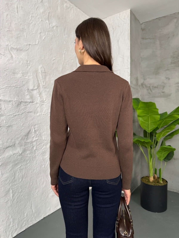 Kahverengi Gold Düğmeli Polo Yaka Hırka EM-001-Kahverengi