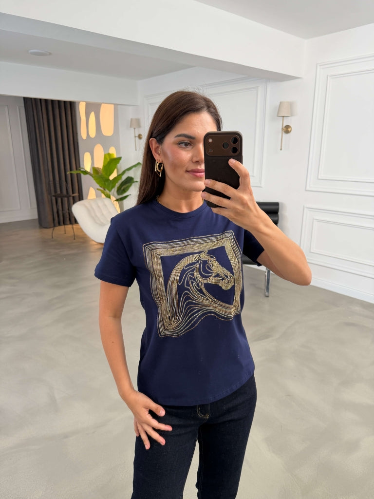 Lacivert Desen Taşlı Tshirt 8717-Lacivert