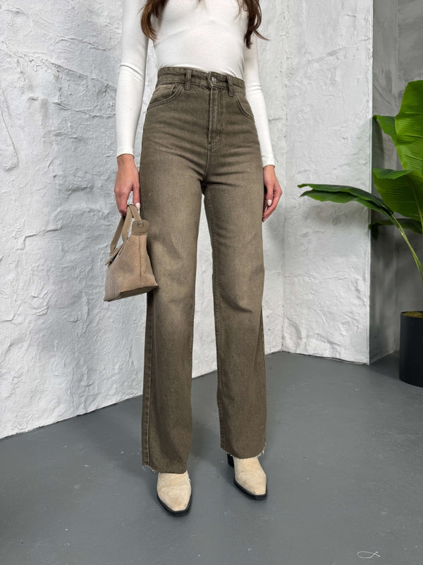 Haki Straight Kesik Paça Jean 21145-Haki