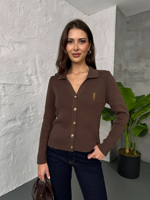 Kahverengi Gold Düğmeli Polo Yaka Hırka EM-001-Kahverengi