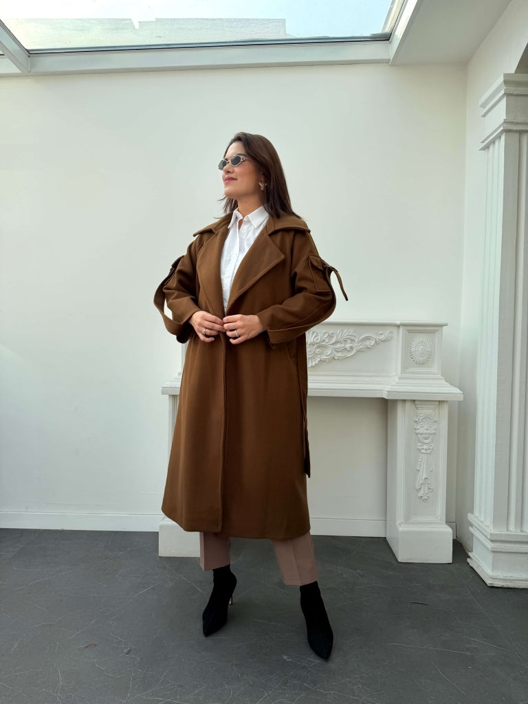 Kahverengi Kolları Cep Detaylı Premium Kaban 20101-Kahverengi