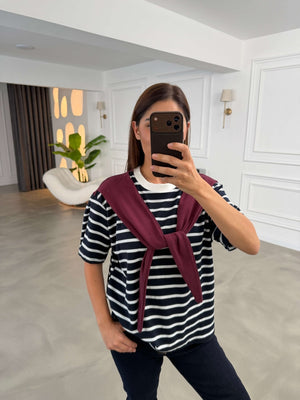 Bordo Fularlı Çizgili Tshirt 58499-Bordo