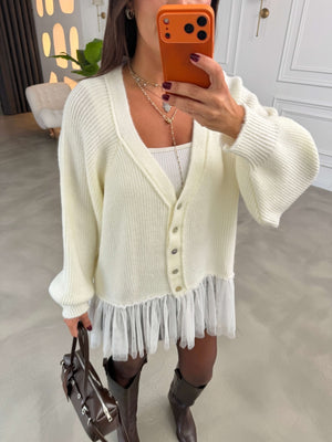 Ekru Tül Garnili Oversize Hırka 2839-Ekru