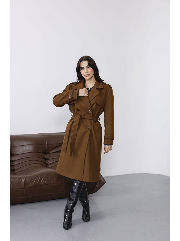 Kahve Omuzu Düğmeli Premium Kaban T-20013-Kahve