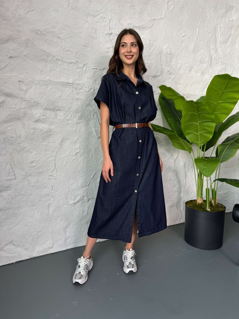 Mavi Boydan Düğmeli İnce Denim Elbise