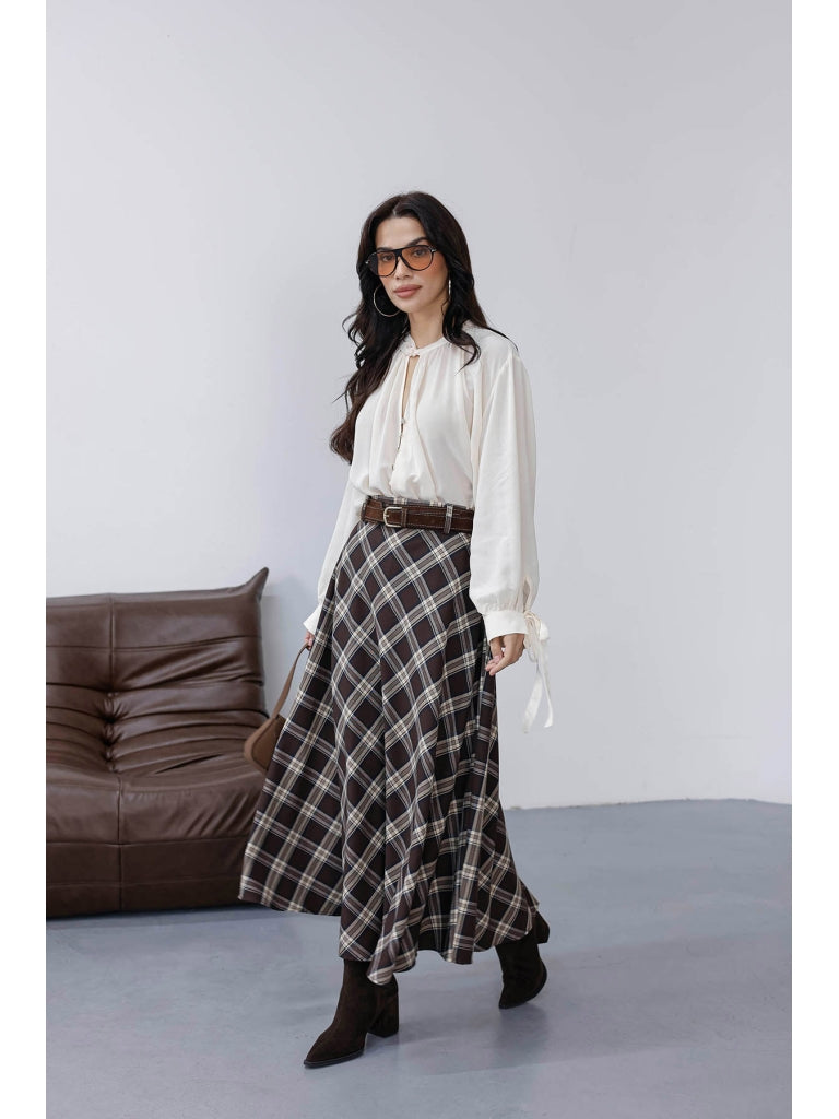 Kahverengi Süet Kemerli Ekose Etek 58461-Kahve