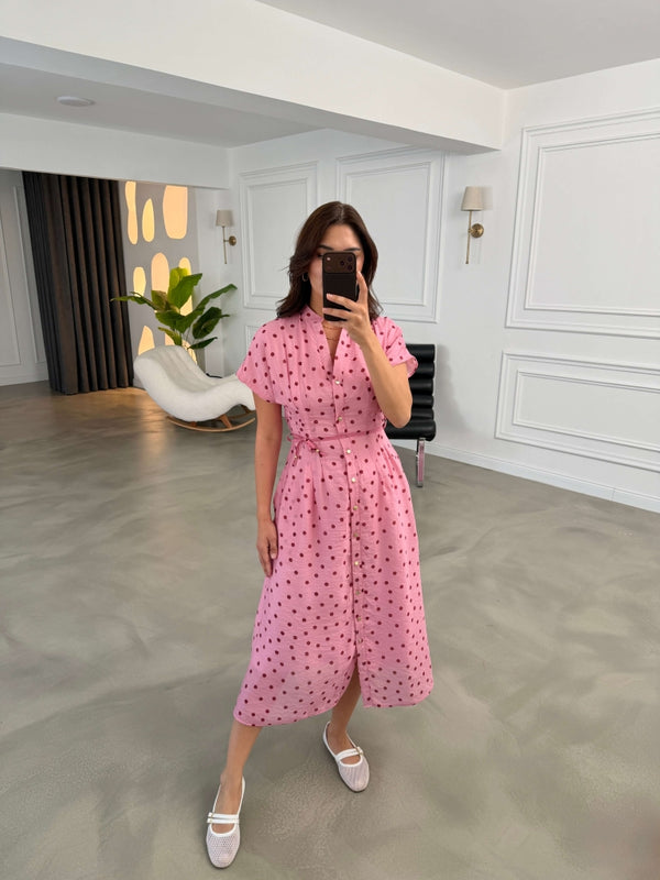 Pembe Puantiyeli Beli Pilili Elbise 3083-Pembe
