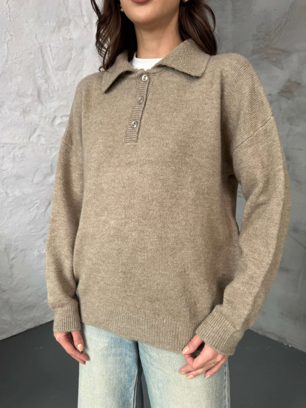 Vizon Polo Yaka Düğmeli Triko Kazak 2482-VİZON