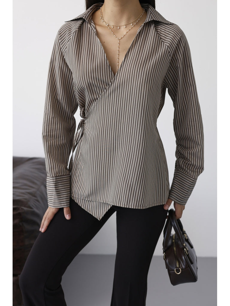 Kahverengi Çizgili Bağlamalı Gömlek 3229-Kahverengi