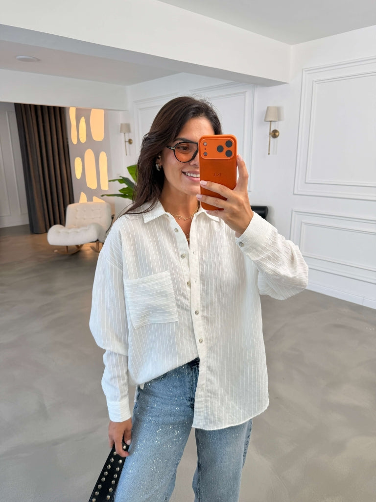 Beyaz Fitilli Oversize Gömlek 5000-Beyaz