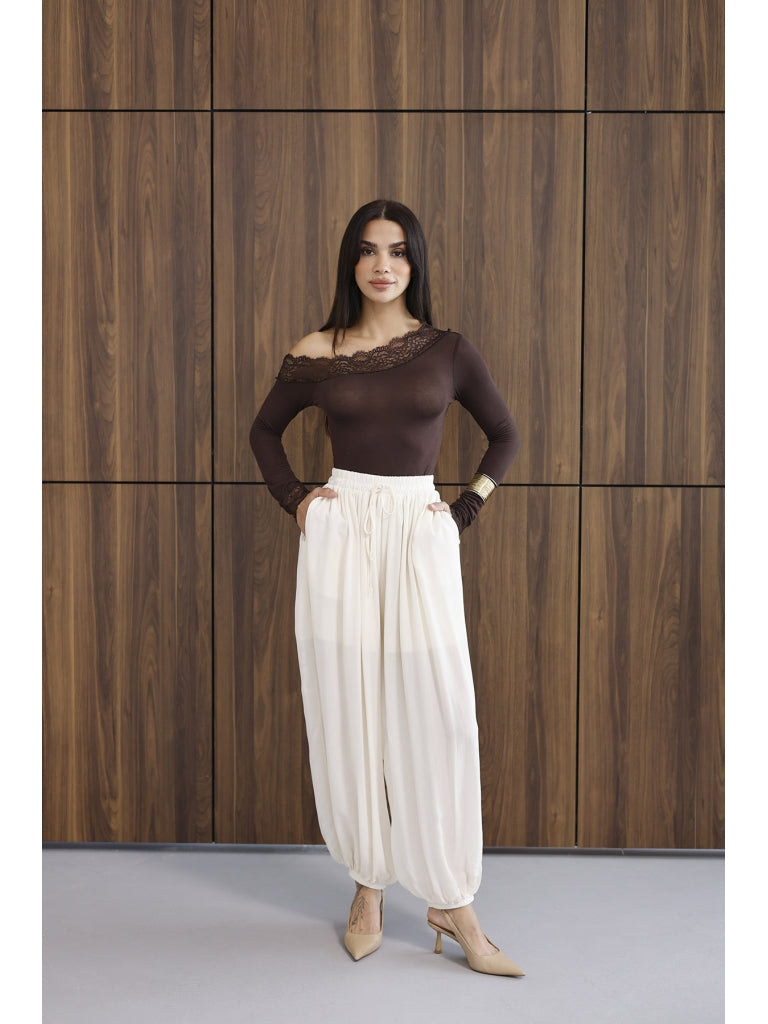 Ekru Paçası Lastikli Şalvar Pantolon 51316-Ekru