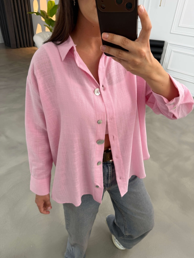 Pembe Düğme Detaylı Keten Gömlek 580384-Pembe