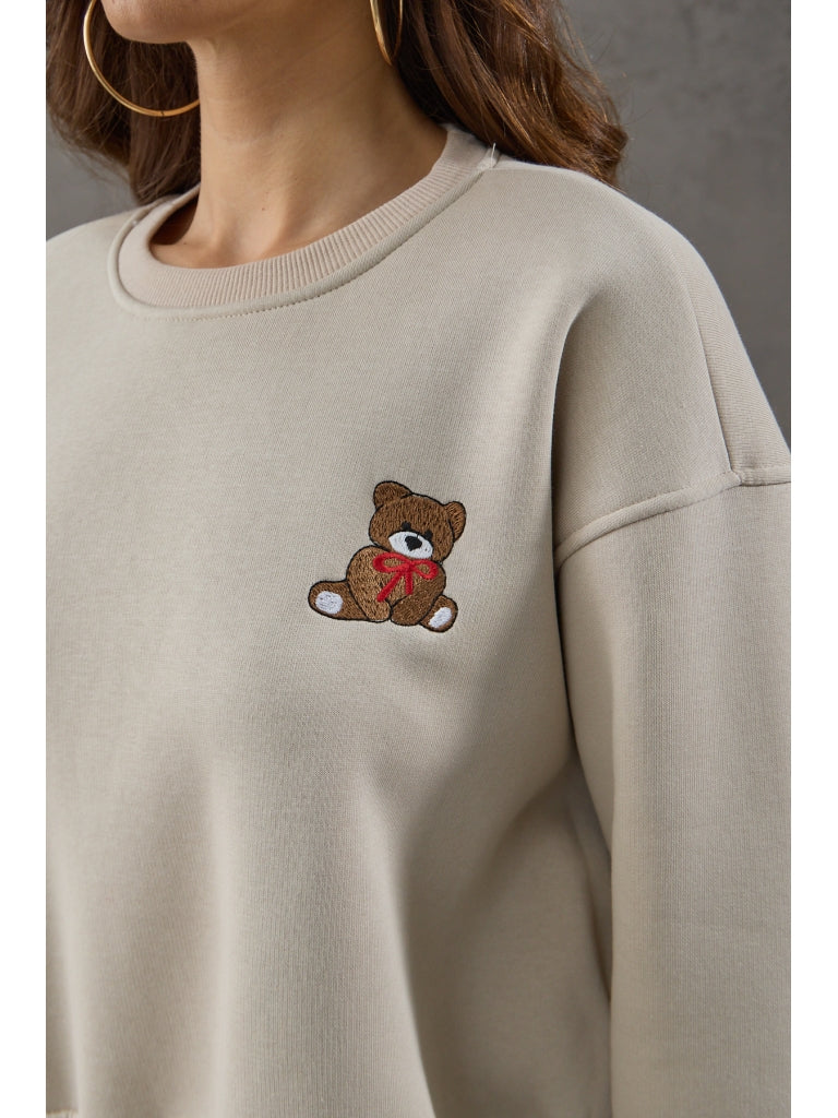 Bej Teddy Nakış Detaylı Sweat