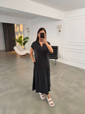 Siyah Polo Yaka Biyeli Modal Elbise 2393-siyah