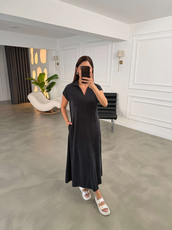 Siyah Polo Yaka Biyeli Modal Elbise 2393-siyah