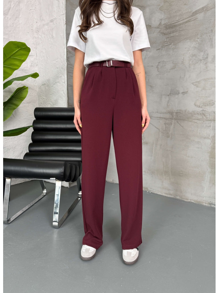 Bordo Çift Pileli Kemerli Pantolon