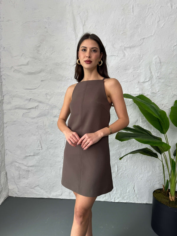 Kahve İp Askılı Kısa Elbise