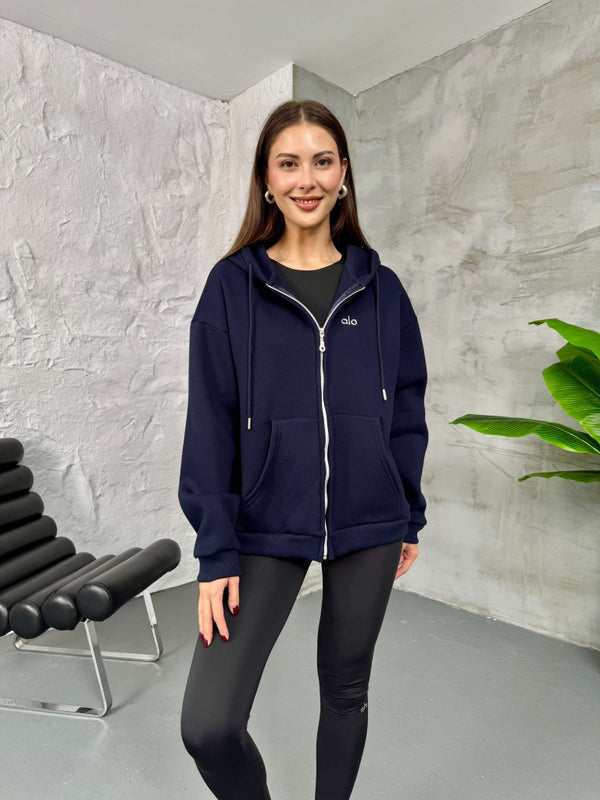 Lacivert Ön Fermuarlı Kapüşonlu Sweatshirt