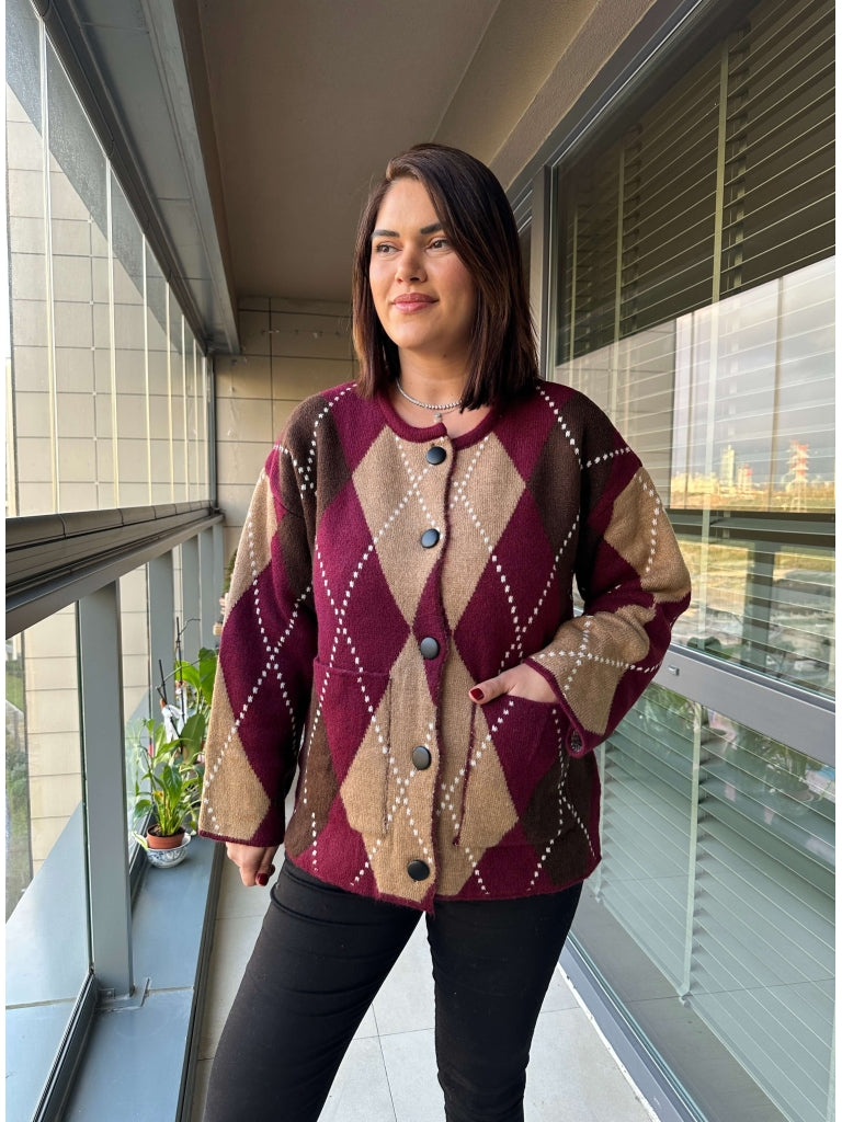 Bordo Baklava Desen Deri Düğmeli Hırka