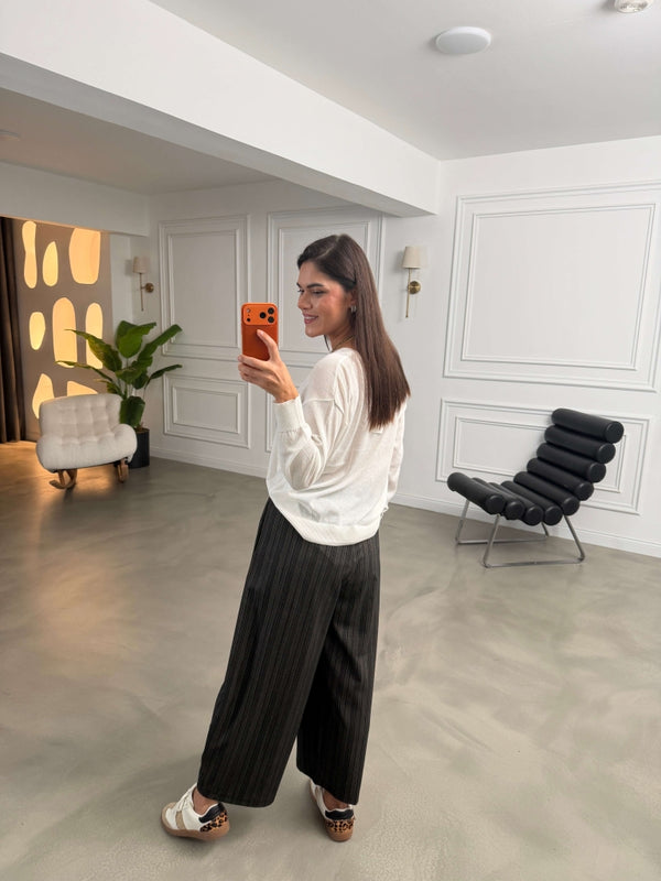 Siyah Bel Bağcıklı Çizgili Pantolon 51512-Siyah
