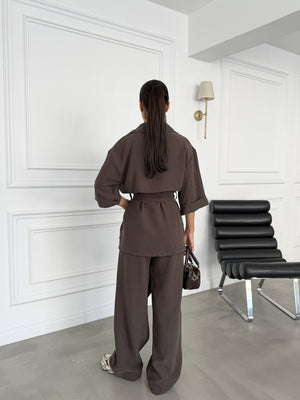 Kahve Bel Bağlamalı Yarım Kol Tencel Takım 7309-Kahve