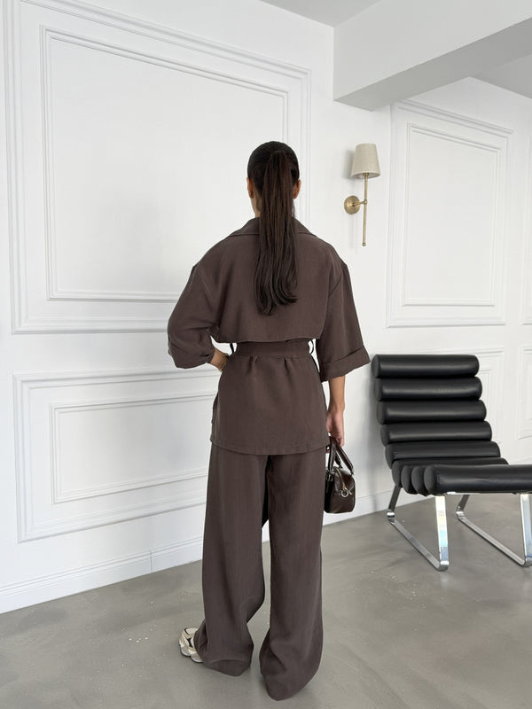 Kahve Bel Bağlamalı Yarım Kol Tencel Takım 7309-Kahve
