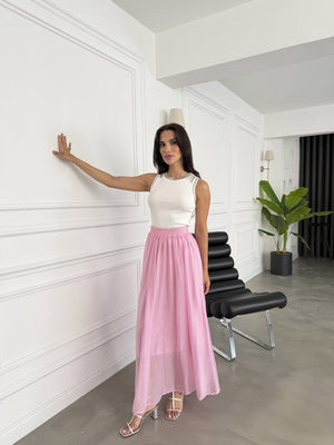 Pembe Bel Lastikli İpeksi Etek 5088-Pembe