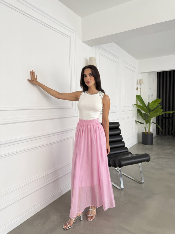 Pembe Bel Lastikli İpeksi Etek 5088-Pembe