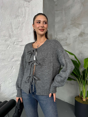 Antrasit Önü Bağcıklı Örme Hırka EY2426-Antrasit