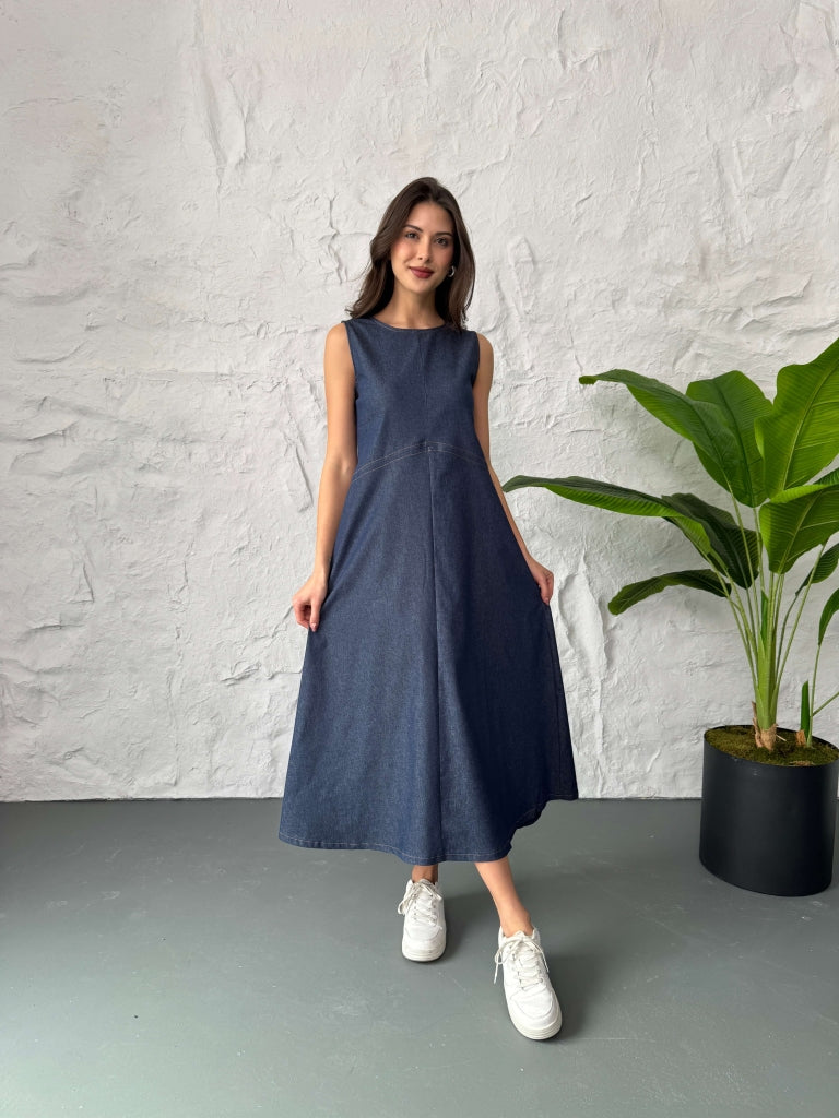 Sıfır Kol Dikiş Detaylı Jean Elbise 29828