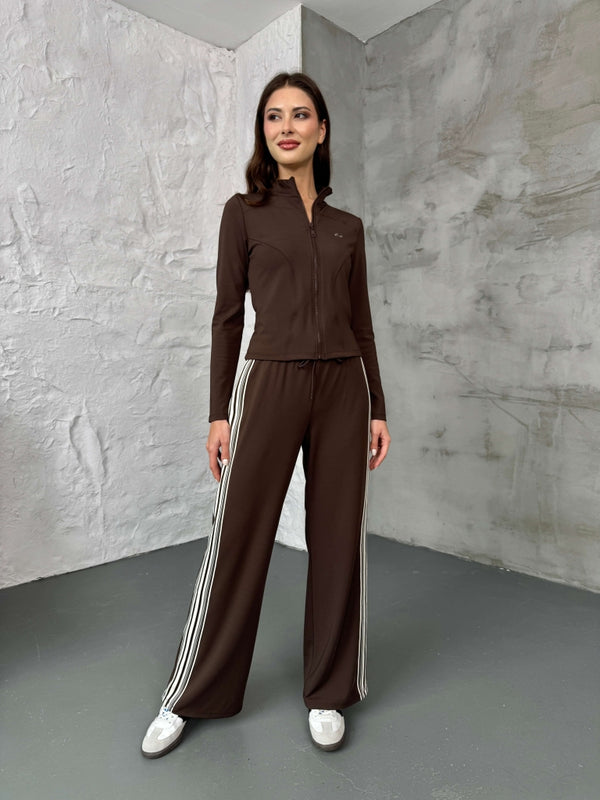 Acı Kahve Şeritli Likralı Eşofman Takımı T006-KAHVE