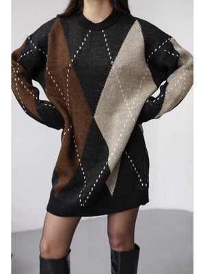 Siyah Baklava Desen Triko Elbise EY2610-Siyah