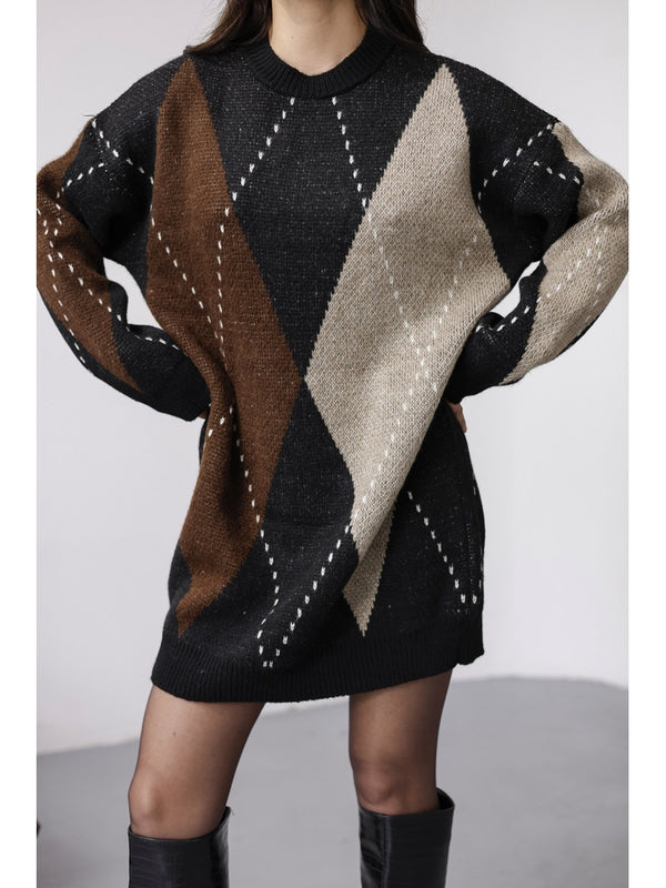 Siyah Baklava Desen Triko Elbise EY2610-Siyah