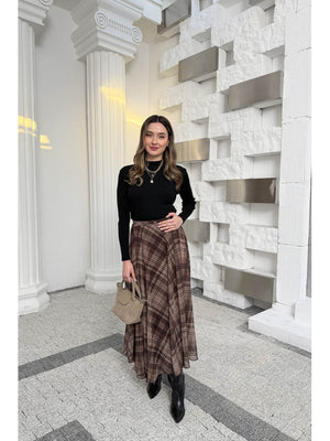 Kahverengi  Ekose Detaylı Şifon Etek 0613-Kahve