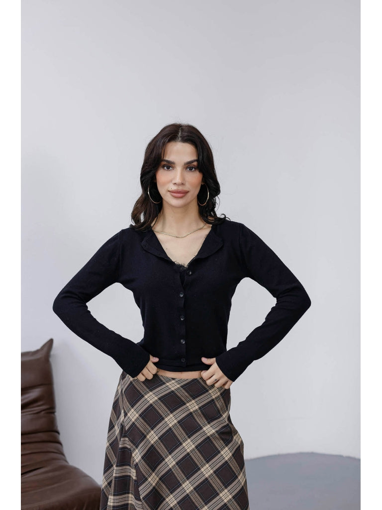 Siyah İçi Bluz Detaylı Triko Hırka 280126-SİYAH