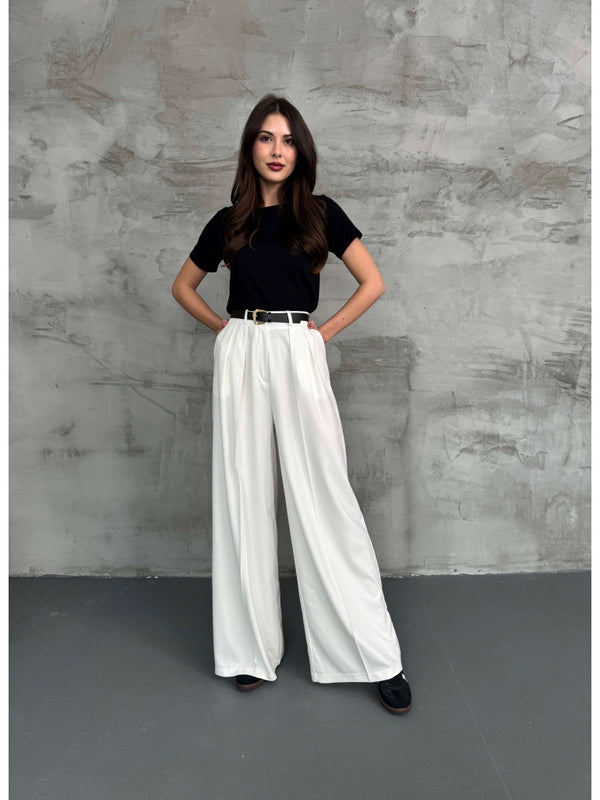 Beyaz Beli Pilili Kemerli Palazzo Pantolon