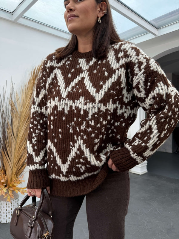 Kahve Jakarlı Yumuşak Oversize Triko Kazak 2559-KAHVE