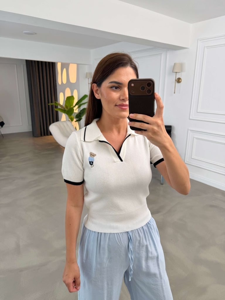 Ekru Polo Yaka Teddy Nakışlı İnce Triko Bluz 2791-Ekru