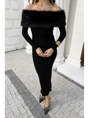 Siyah Madonna Kürk Yakalı Elbise 00515-Siyah