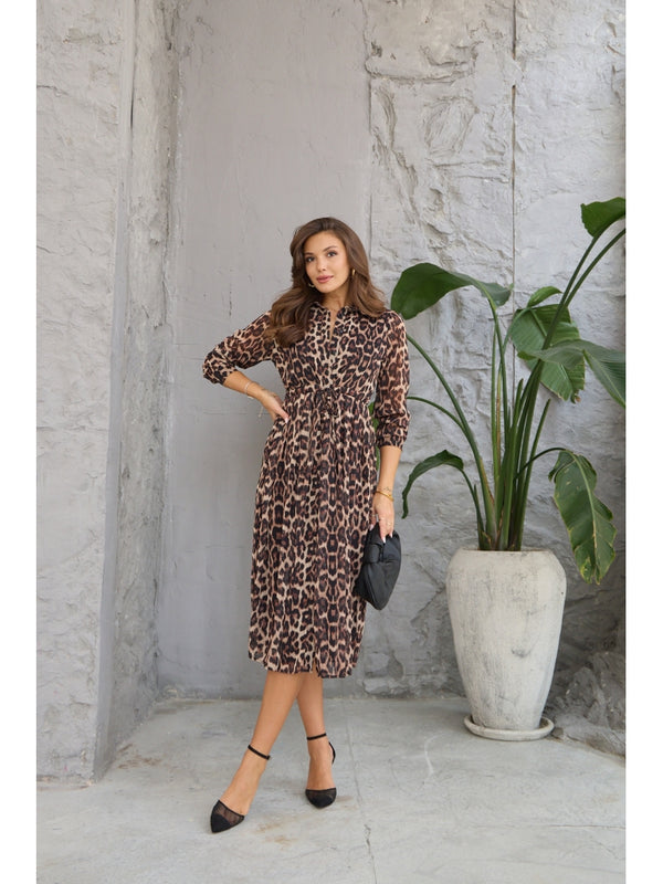 Leopar Desen Şifon Gömlek Elbise