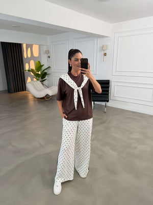 Kahve Puantiye Fularlı Biyeli Takım 4145-Kahve