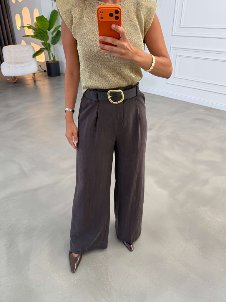 Kahve Gold Kemerli Tencel Pantolon 1569-Kahve