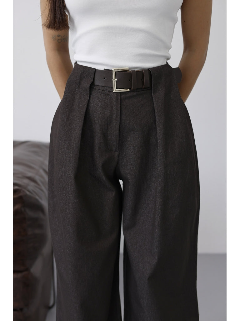 Kahverengi Belden Pileli Kemerli İnce Denim Pantolon 58479-Kahverengi