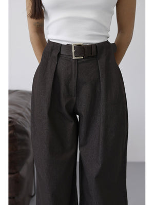 Kahverengi Belden Pileli Kemerli İnce Denim Pantolon 58479-Kahverengi