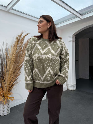 Yeşil Jakarlı Yumuşak Oversize Triko Kazak 2559-YEŞİL