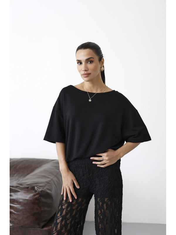 Siyah Sırtı Dantel Detay Modal Tshirt 1050-Siyah
