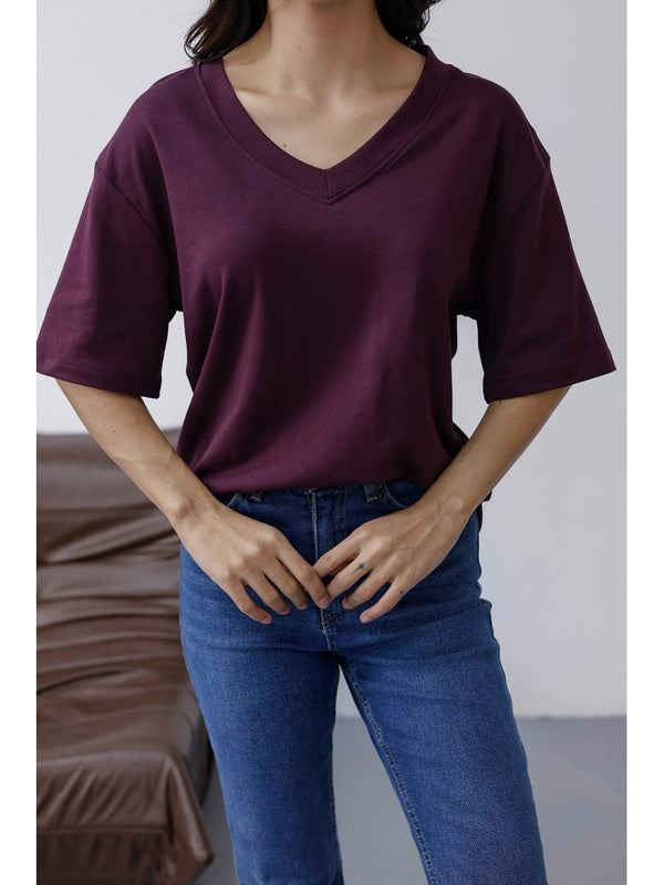 Mürdüm Orj Marka V Yaka Tshirt 6598-Mürdüm