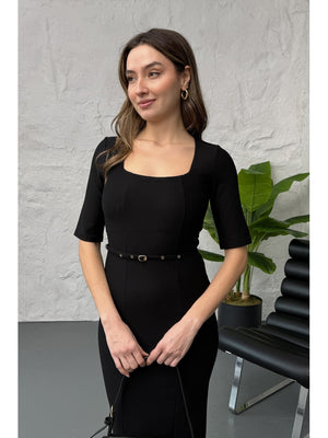 Siyah Kare Yaka Kemerli Maxi Elbise 1271-Siyah