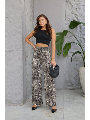 Leopar Beli Bağcıklı Saten Pantolon